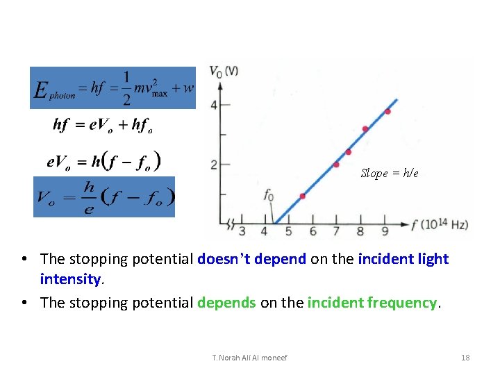 Slope = h/e • The stopping potential doesn’t depend on the incident light intensity.