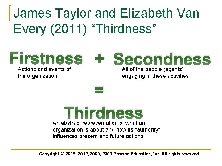 James Taylor and Elizabeth Van Every (2011) “Thirdness” Firstness + Secondness Actions and events