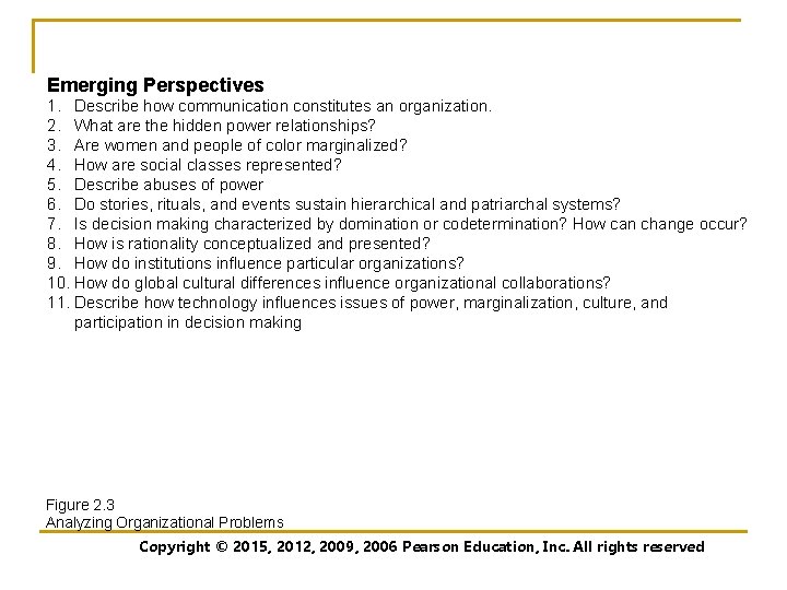 Emerging Perspectives 1. Describe how communication constitutes an organization. 2. What are the hidden