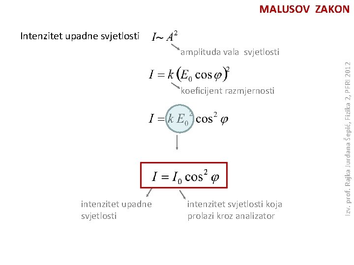 MALUSOV ZAKON Intenzitet upadne svjetlosti ~ koeficijent razmjernosti intenzitet upadne svjetlosti intenzitet svjetlosti koja