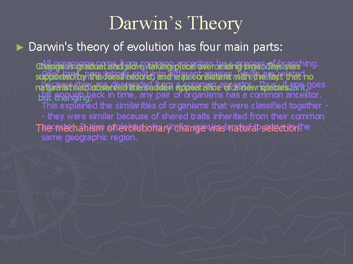 Darwin’s Theory ► Darwin's theory of evolution has four main parts: All organisms come