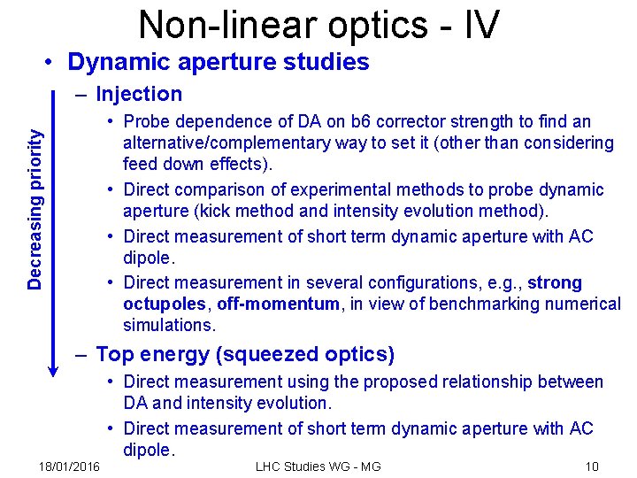 Non-linear optics - IV • Dynamic aperture studies – Injection Decreasing priority • Probe