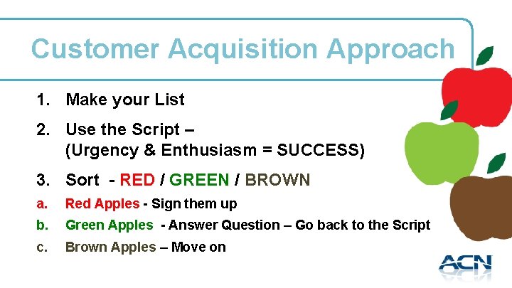 Customer Acquisition Approach 1. Make your List 2. Use the Script – (Urgency &