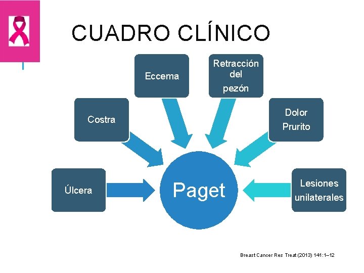 CUADRO CLÍNICO Eccema Retracción del pezón Dolor Costra Úlcera Prurito Paget Lesiones unilaterales Breast