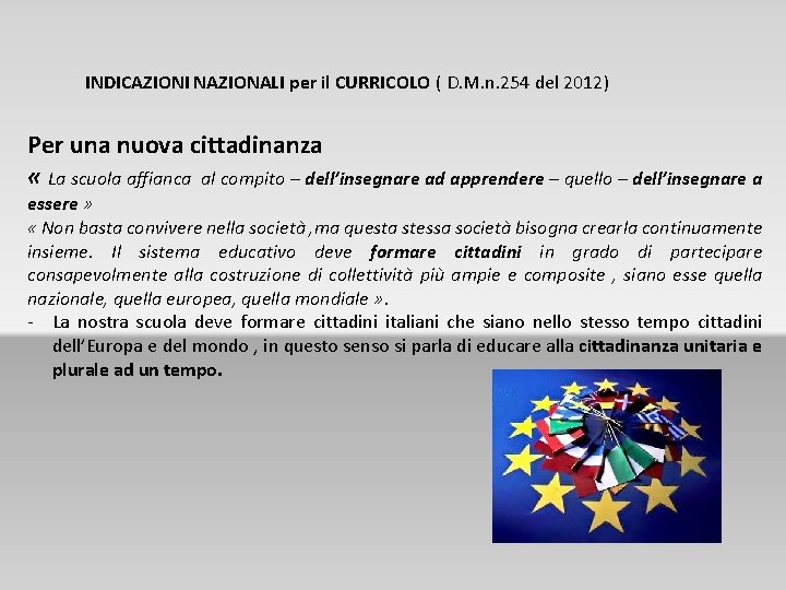 INDICAZIONI NAZIONALI per il CURRICOLO ( D. M. n. 254 del 2012) Per una INDICAZIONI NAZIONALI per il CURRICOLO ( D. M. n. 254 del 2012) Per una