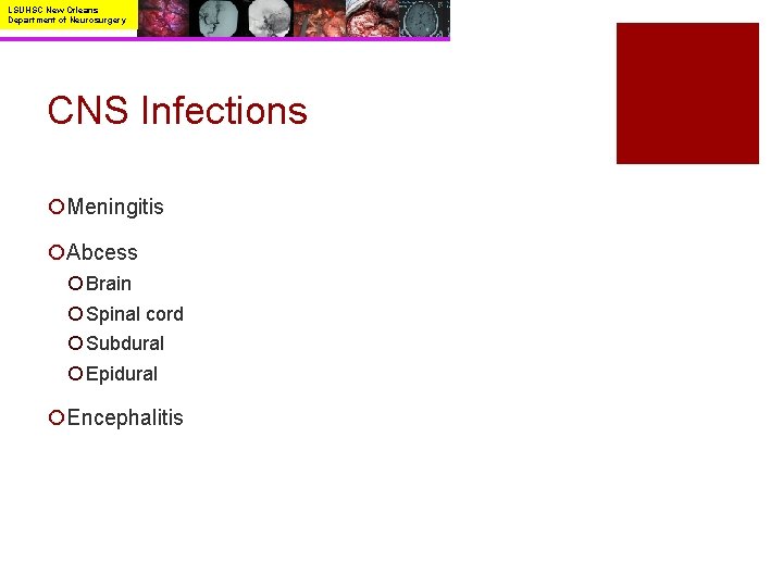 LSUHSC New Orleans Department of Neurosurgery CNS Infections ¡Meningitis ¡Abcess ¡ Brain ¡ Spinal