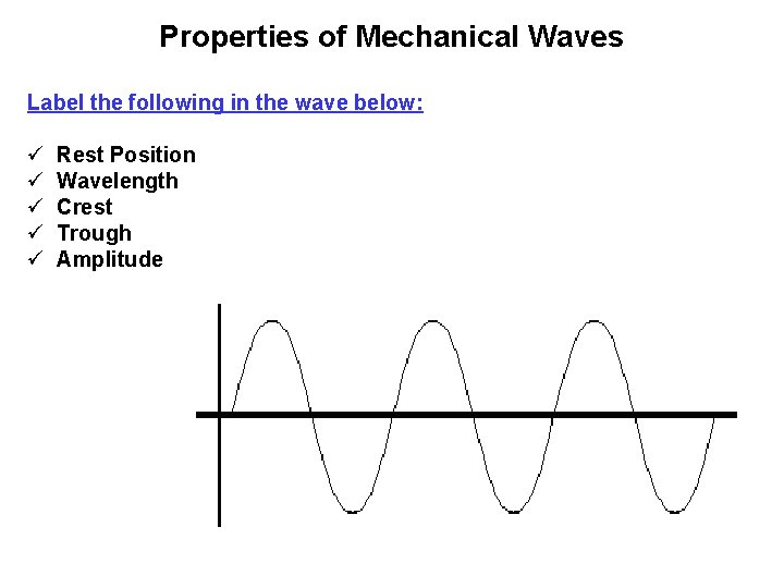 Properties of Mechanical Waves Label the following in the wave below: ü Rest Position