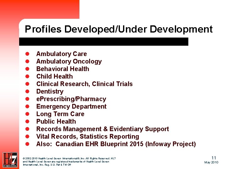 Profiles Developed/Under Development l l l l Ambulatory Care Ambulatory Oncology Behavioral Health Child