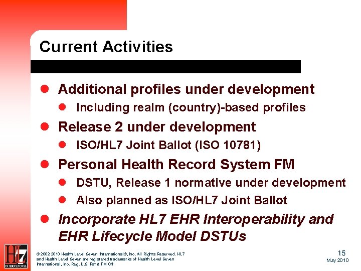 Current Activities l Additional profiles under development l Including realm (country)-based profiles l Release