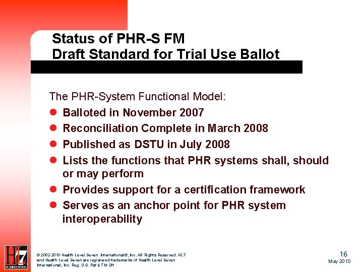 Status of PHR-S FM Draft Standard for Trial Use Ballot The PHR-System Functional Model: