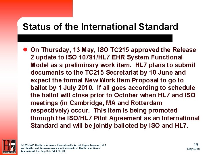 Status of the International Standard l On Thursday, 13 May, ISO TC 215 approved