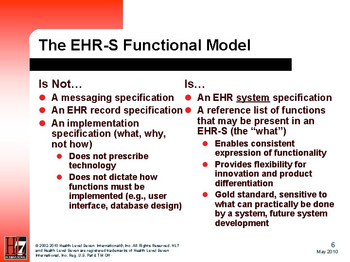 The EHR-S Functional Model Is Not… Is… l A messaging specification l l An