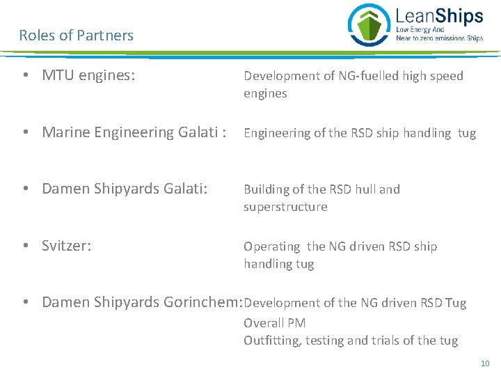 Roles of Partners • MTU engines: Development of NG-fuelled high speed engines • Marine