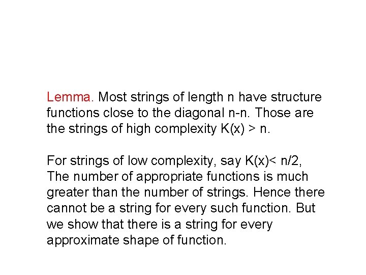 Logarithmic precision is sharp Lemma. Most strings of length n have structure functions close