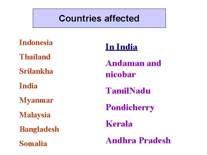 Countries affected Indonesia Thailand Srilankha India Myanmar Malaysia Bangladesh Somalia In India Andaman and