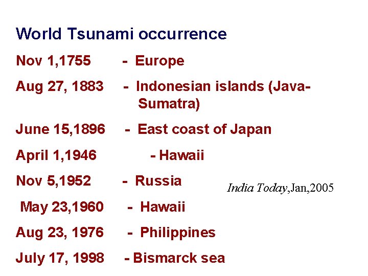 World Tsunami occurrence Nov 1, 1755 - Europe Aug 27, 1883 - Indonesian islands