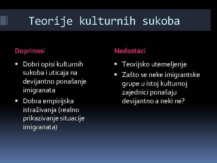 Teorije kulturnih sukoba Doprinosi Nedostaci Dobri opisi kulturnih sukoba i uticaja na devijantno ponašanje