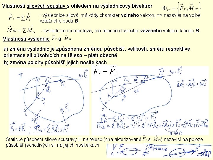 Vlastnosti silových soustav s ohledem na výslednicový bivektror - výslednice silová, má vždy charakter