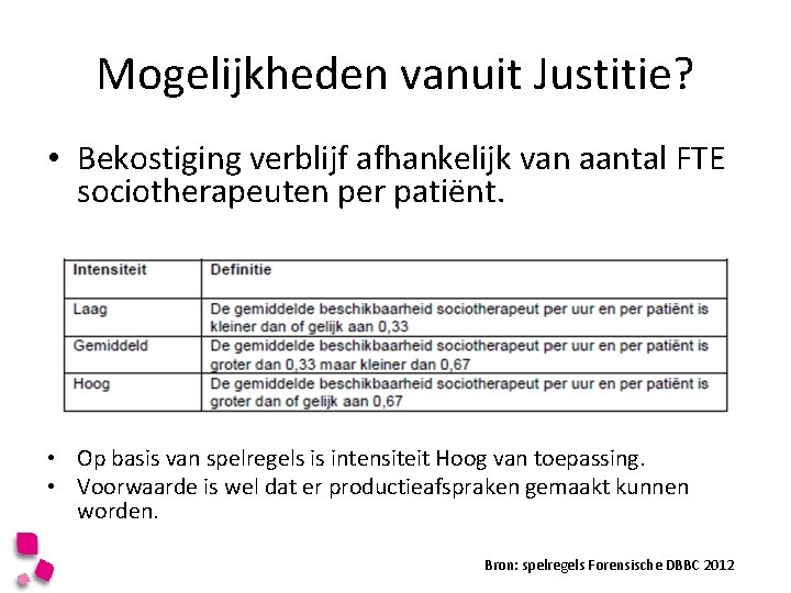 Mogelijkheden vanuit Justitie? • Bekostiging verblijf afhankelijk van aantal FTE sociotherapeuten per patiënt. •
