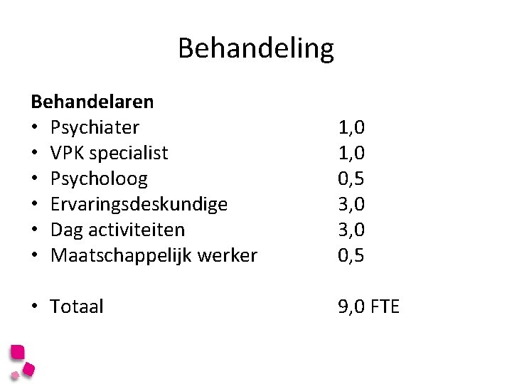 Behandeling Behandelaren • Psychiater • VPK specialist • Psycholoog • Ervaringsdeskundige • Dag activiteiten