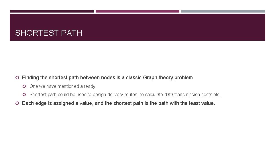 SHORTEST PATH Finding the shortest path between nodes is a classic Graph theory problem