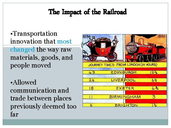 The Impact of the Railroad • Transportation innovation that most changed the way raw