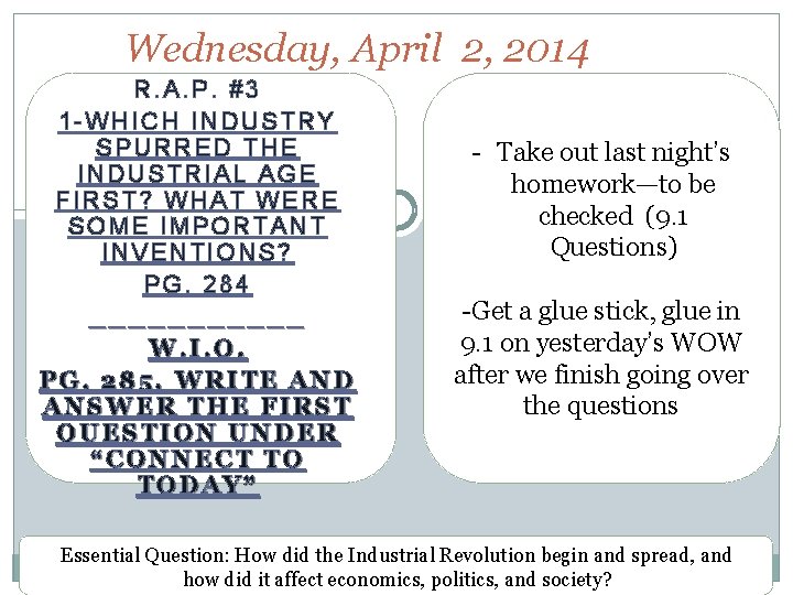 Wednesday, April 2, 2014 R. A. P. #3 1 -WHICH INDUSTRY SPURRED THE INDUSTRIAL