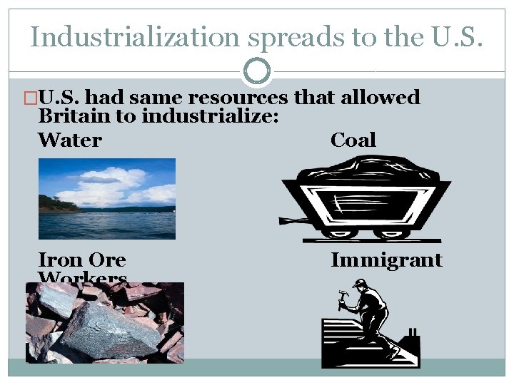 Industrialization spreads to the U. S. �U. S. had same resources that allowed Britain