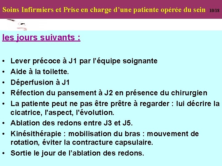 Soins Infirmiers et Prise en charge d’une patiente opérée du sein 10/18 les jours