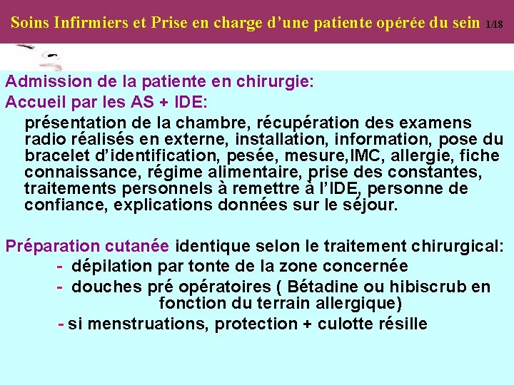 Soins Infirmiers et Prise en charge d’une patiente opérée du sein 1/18 Admission de