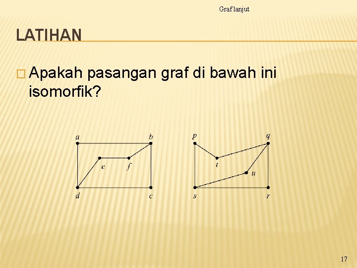 Graf lanjut LATIHAN � Apakah pasangan graf di bawah ini isomorfik? 17 Graf lanjut LATIHAN � Apakah pasangan graf di bawah ini isomorfik? 17
