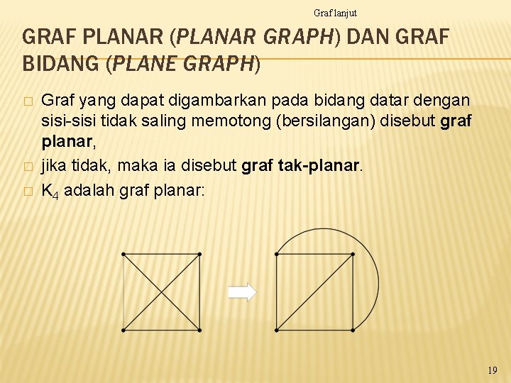 Graf lanjut GRAF PLANAR (PLANAR GRAPH) DAN GRAF BIDANG (PLANE GRAPH) � � � Graf lanjut GRAF PLANAR (PLANAR GRAPH) DAN GRAF BIDANG (PLANE GRAPH) � � �