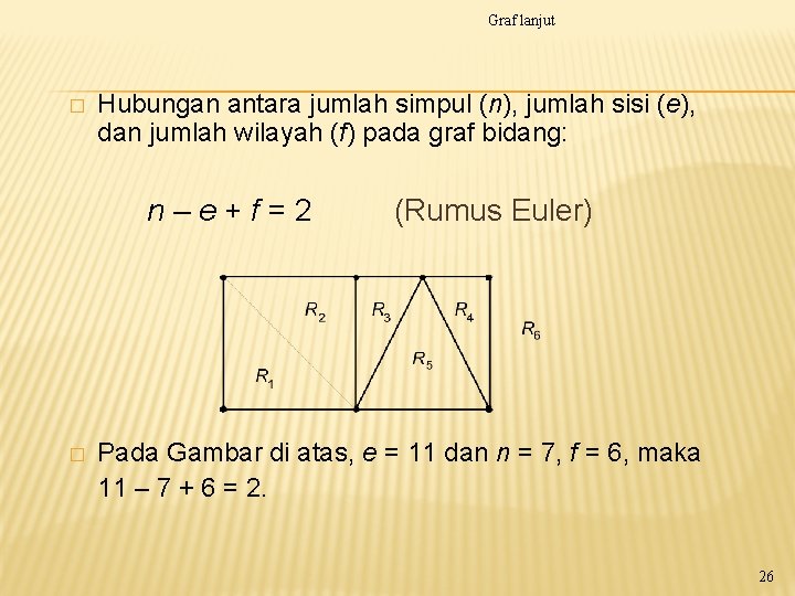 Graf lanjut � Hubungan antara jumlah simpul (n), jumlah sisi (e), dan jumlah wilayah Graf lanjut � Hubungan antara jumlah simpul (n), jumlah sisi (e), dan jumlah wilayah