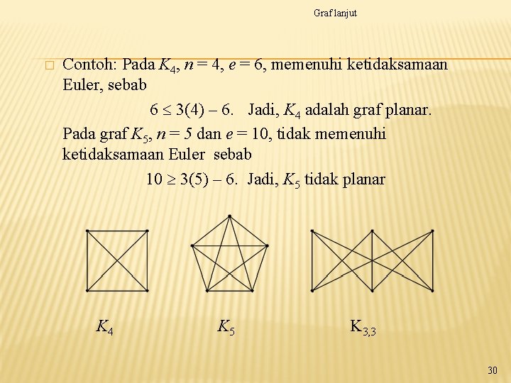 Graf lanjut � Contoh: Pada K 4, n = 4, e = 6, memenuhi