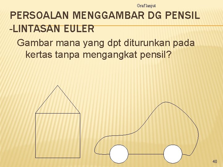 Graf lanjut PERSOALAN MENGGAMBAR DG PENSIL -LINTASAN EULER Gambar mana yang dpt diturunkan pada Graf lanjut PERSOALAN MENGGAMBAR DG PENSIL -LINTASAN EULER Gambar mana yang dpt diturunkan pada
