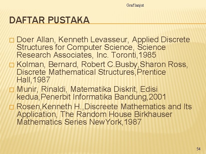 Graf lanjut DAFTAR PUSTAKA Doer Allan, Kenneth Levasseur, Applied Discrete Structures for Computer Science,