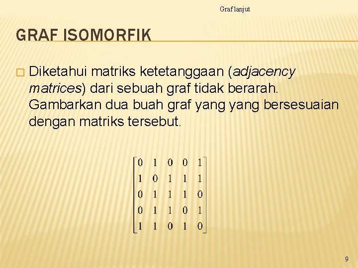 Graf lanjut GRAF ISOMORFIK � Diketahui matriks ketetanggaan (adjacency matrices) dari sebuah graf tidak