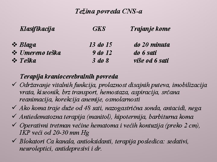 Težina povreda CNS-a Klasifikacija GKS Trajanje kome v Blaga 13 do 15 do 20