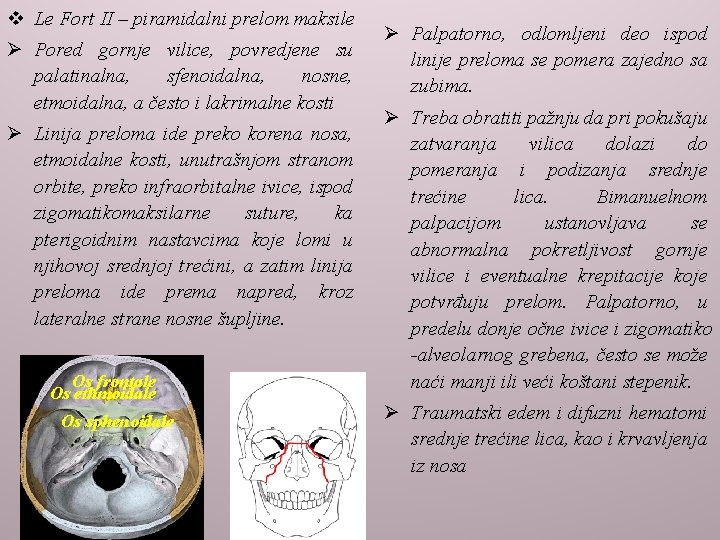 v Le Fort II – piramidalni prelom maksile Ø Pored gornje vilice, povredjene su