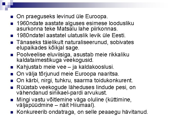 n n n On praeguseks levinud üle Euroopa. 1960 ndate aastate alguses esimese loodusliku