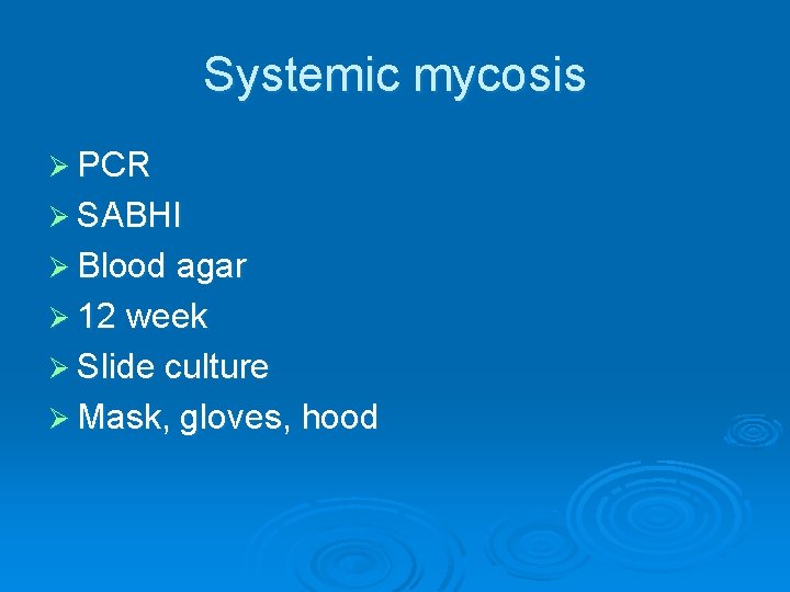 Systemic mycosis Ø PCR Ø SABHI Ø Blood agar Ø 12 week Ø Slide