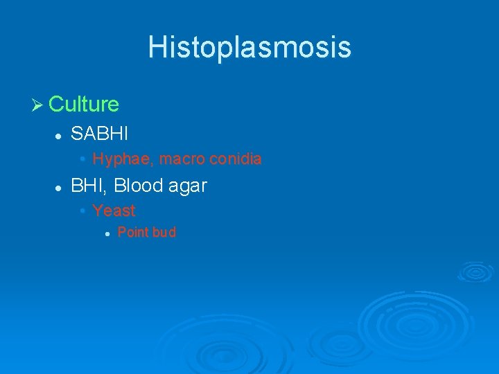 Histoplasmosis Ø Culture l SABHI • Hyphae, macro conidia l BHI, Blood agar •