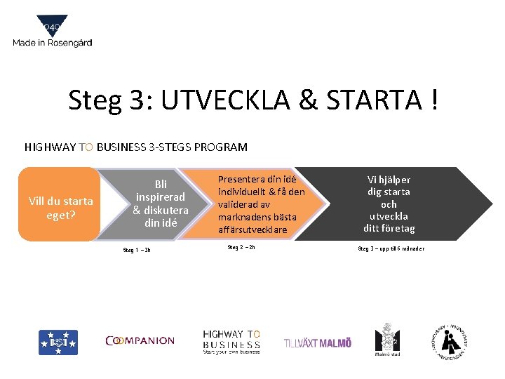 Steg 3: UTVECKLA & STARTA ! HIGHWAY TO BUSINESS 3 -STEGS PROGRAM Vill du