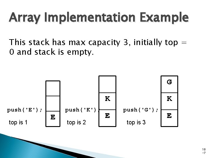 Array Implementation Example This stack has max capacity 3, initially top = 0 and Array Implementation Example This stack has max capacity 3, initially top = 0 and