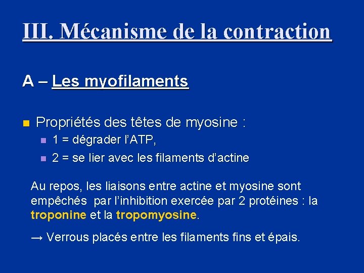 III. Mécanisme de la contraction A – Les myofilaments n Propriétés des têtes de