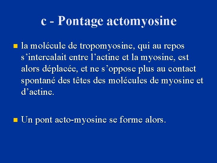c - Pontage actomyosine n la molécule de tropomyosine, qui au repos s’intercalait entre