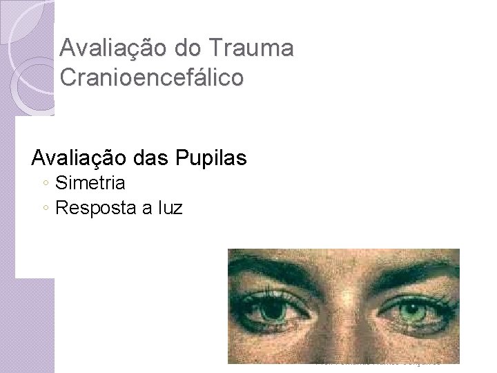Avaliação do Trauma Cranioencefálico Avaliação das Pupilas ◦ Simetria ◦ Resposta a luz Prof.