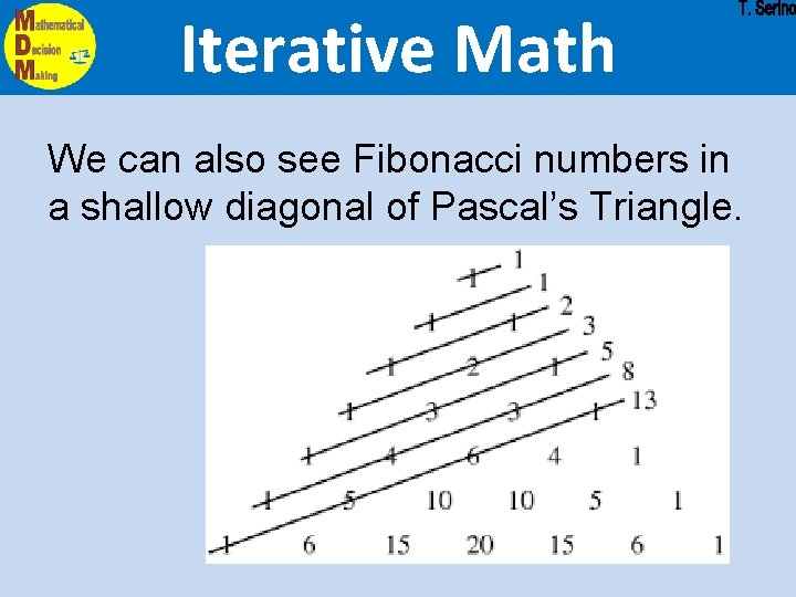Iterative Math We can also see Fibonacci numbers in a shallow diagonal of Pascal’s