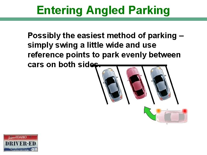 Entering Angled Parking Possibly the easiest method of parking – simply swing a little