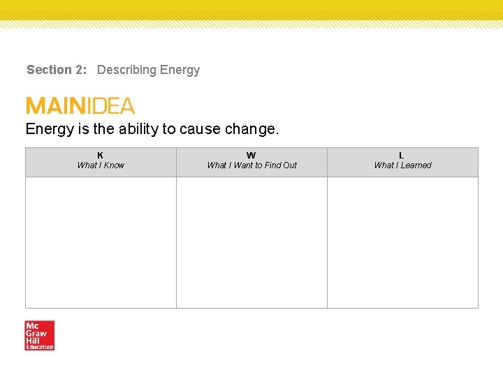 Section 2: Describing Energy is the ability to cause change. K What I Know